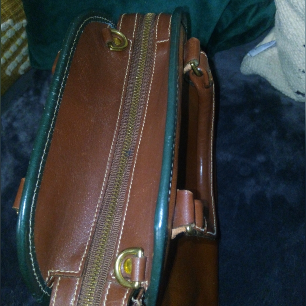 Brahmin Mini Bowler Leather Top Handle Satchel in Cognac Brown with Green Trim - Picture 10 of 14